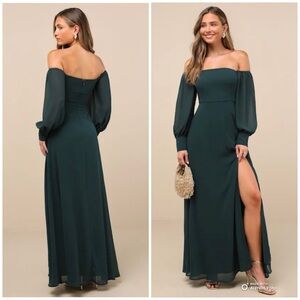 Lulus Large Feel The Romance Emerald Green Off-The-Shoulder Maxi Dress NWOT